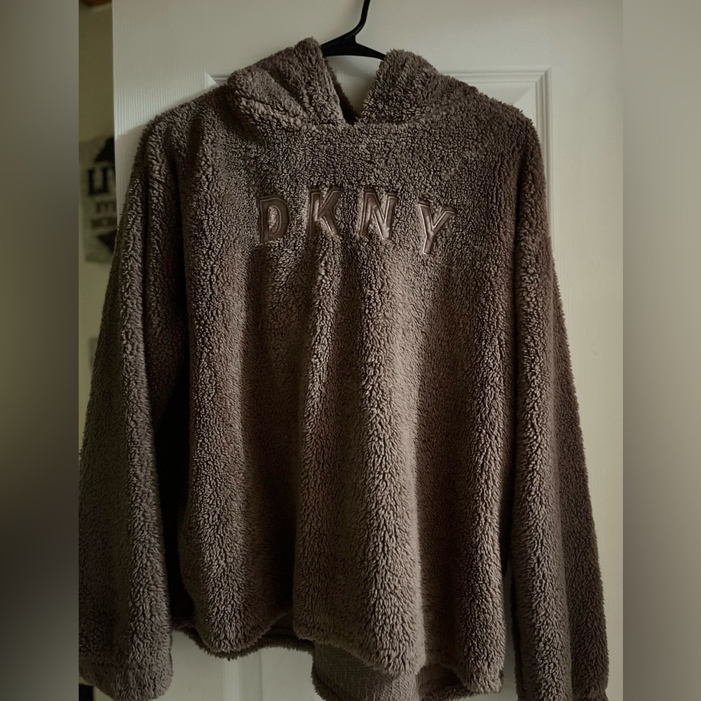 DKNY Women's Brown Long Sleeve Pullover Sherpa Hoodie Size M